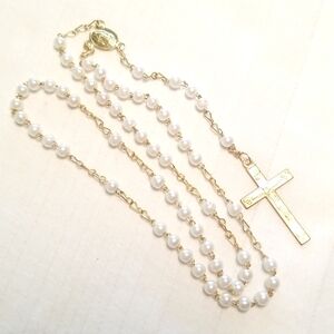 Gold Tiny Pearl Rosary Beads Cross Crucifix